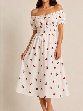 Hippie Nomad Cherry Embroidered Off Shoulder Midi Dress Medium